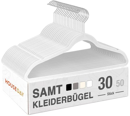 HOUSE DAY Kleiderbügel Samt 30er Set, rutschfeste Bügel, Weiß | Kleiderbügel Platzsparend, Samtbügel Schmal mit 360° Drehbarer Haken, für Hemden, Anzüge, Mäntel, Pullover, Hosen