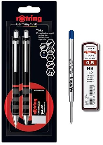 rOtring Tikky Druckbleistift- und Kugelschreiber-Set, HB-Mine, 0,5 mm Bleistift, Radiergummi 30 BL3, mittlere Spitze, schwarzer Schaft, Set mit zusätzlichen Minen