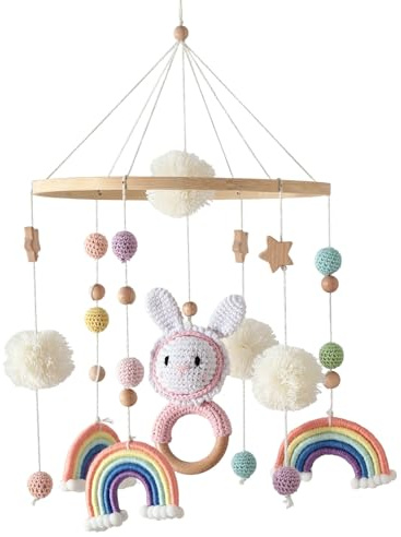 Mobile Baby Windspiel, Bettglocke Anhänger – Nordische Baby Spielzeug Holz Hängend, Bunte Tierfigur für Babyzimmer, Neugeborene Geschenk (Kaninchen)