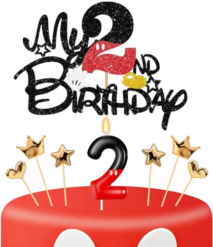 2nd Birthday Cake Decorations, Two Years Old Birthday Numeral 2 Cake Candles and Glitter Cartoon Black Red Cake Toppers Set for Birthday Party Supplies (Number 2, Red)