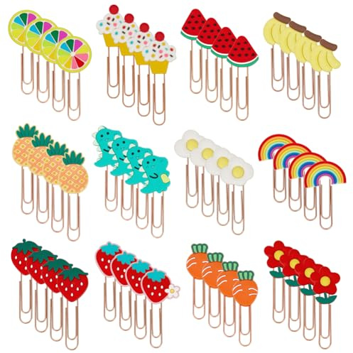 CRAFTYMELODY 48 Stück Silikon Büroklammern Lesezeichen 12 Arten Niedliche Tier Eisen Clips Obst Und Blumen Kleine Büroklammern Regenbogen Buch Zubehör