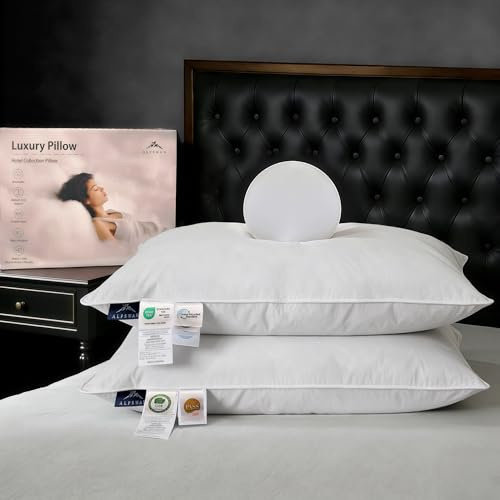 ALPSWAN Goose Down Pillow, Hotel Quality with Feather Fill, 750 Fill Power Queen Size - 2 Pack with Pillowcase for Master Bedroom, Support for Back, Side, Stomach Sleepers