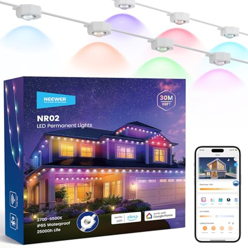 NEEWER Guirlande Lumineuse d'Extérieur Permanente 96ft pour Décoration de Maison,éclairage de Noël Intelligent avec 60 LED RGBCW,Contrôle par App,50+ Scènes,étanche IP65,Compatible avec Alexa, NR02