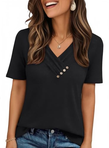 AUTOMET Womens Short Sleeve Tunic Tops Summer Spring Outfits 2026 V Neck Sweaters Button Shirts Dressy Casual Business Blouses Black S