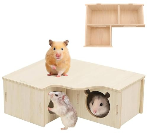 Multichamber Hamster Hide, Wooden Hamster House for Nesting & Habitat | Smooth and Burr‑Free, Hamster Hideout with Lid, Hamster Corner House for Gerbils Chinchilla Guinea Pig Small Pets