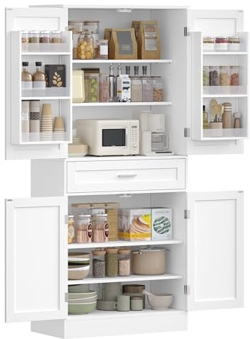 Hzuaneri Meuble Cuisine, Buffe Haute avec Porte-étagère 6 Niveaux, Meuble de Rangement avec 4 Portes et 1 Grand Tiroir, Style Moderne, Cuisine, Salon, 40 x 80 x 180 cm, Blanc PT21003X