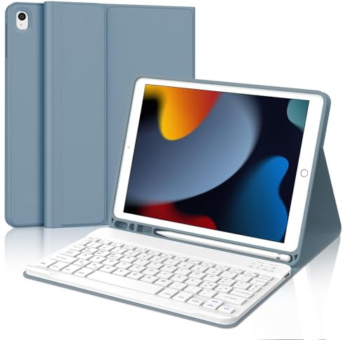 IVEOPPE Funda Teclado para iPad 9/8/7 generacion 10.2/Air 3 10.5/Pro 10.5, Teclado Español Ñ QWERTY Bluetooth Desmontable para iPad 2021/2020/2019, Azul Gris