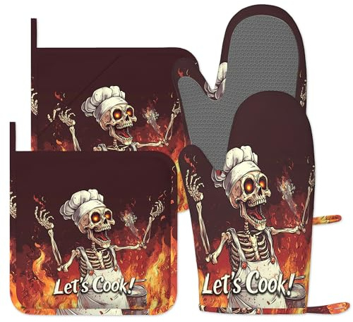 Funny Skull Oven Gloves Silicone Oven Mitts and Pot Holders Sets of 4, Vintage Kitchen Gloves Hot Holders for Kitchen Baking Cooking Housewarming Gifts