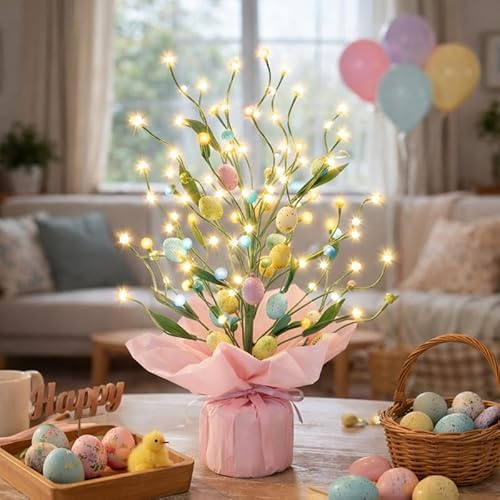 Ferakum Osterdeko LED Baum Lichter, 42cm 20 LEDs Ostern Deko LED Lichterbaum mit LED Lichterkette, Warmweiß Osterbaum Licht Künstliche Frühling Deko Leuchtbaum für Frühlingsdeko Osterdeko (C)