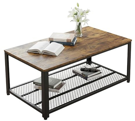 Relaxdays Mesa de Centro Industrial en Madera con Rejilla, 45x106x60 cm, marrón/Negro