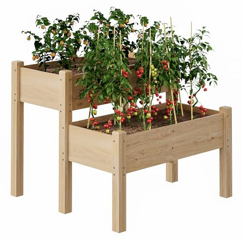 GarveeHome Cama de Cultivo Elevada de Madera de 2 Niveles – Macetero Grande para Huerto Urbano con Drenaje – Jardinerera Exterior Resistente para Balcón y Terraza – 86x84x74 cm