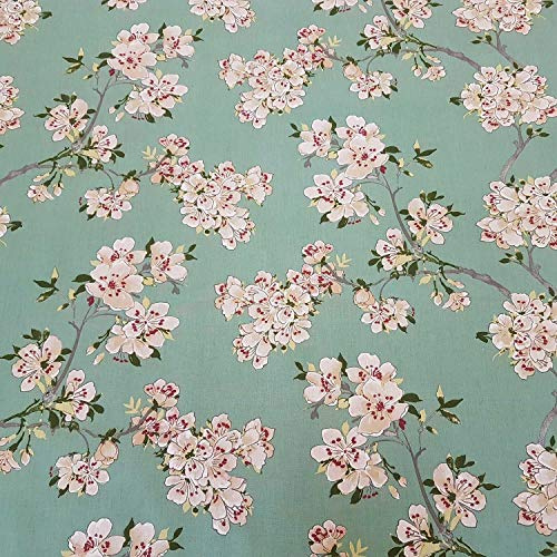 Tyg metervara bomull grön jade äppelblommor blommor plommonblommor dekorativt tyg gardintyg kuddtyg Frankrike