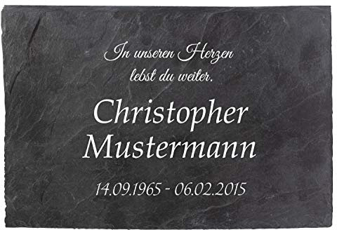 wandmotiv24 Schiefertafel Trauer, Gedenktafel Verstorbene Querformat 30x20cm, Personalisiert Name + Datum, Trauerspruch, Digitaldruck, Witterungsbeständig, Naturprodukt, Made in Germany