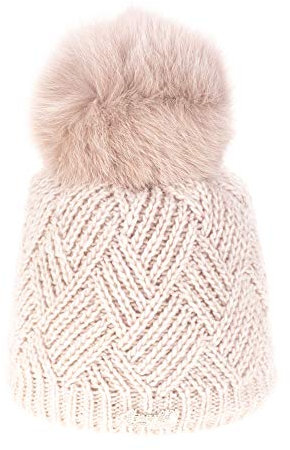 Avanti Konieczko Damen Wintermütze mit Mikrovlis unterfüttert, Winter Mütze, Bommelmütze, Kunstfell, Strickmütze mit Naturfell Fuchs Bommel