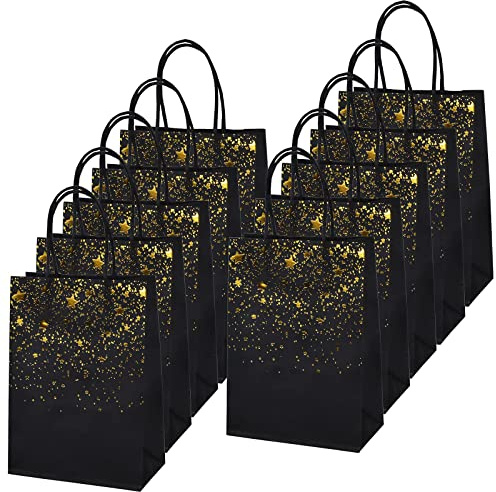 Mikihat 10 Stück Papiertüten mit Henkel，Geschenktüten aus Kraftpapier, Bronzing Kraft Tasche mit Gold Herz Verzierung, Schwarz Party Geschenk Papiertüten für Partys, Hochzeiten, Feiern, Geschenktüten