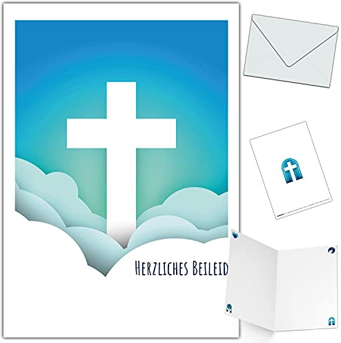 BREITENWERK Trauerkarten mit Umschlag 4er Set KREUZ IM HIMMEL Klappkarten edel hochwertig Beileidskarten Kondolenzkarten Herzliches Beileid Karten