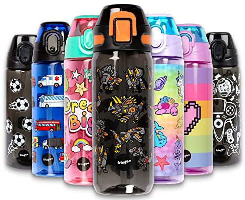 fringoo Kindertrinkflasche, hochwertig, mit Strohhalm, 100% BPA-frei, für Schule oder Sport, für Jungen und Mädchen, Grundschule, Schulbedarf, 600 ml