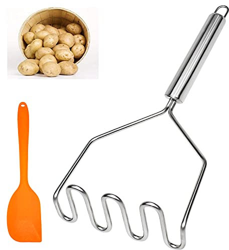 Prensador de Patatas de Acero Inoxidable 25 cm Machacador de Patatas Mango Ondulado para Puré de Patatas Verduras y Frutas con Espátula de Silicona 21 cm