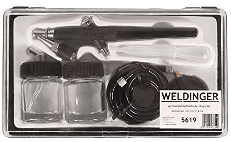 WELDINGER Airbrush-Pistole mit Zubehör, 6-teiliges Set Druckluftpistole Sprühmuster einstellbar 1/4 Schraubadapter