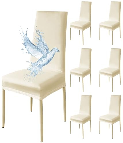 Poligino Stuhlhussen 6er Set Wasserdicht Stretch Universale Weich und Bequem, Stuhlbezug für Haus, Küche, Hochzeit, Restaurant, Party, Hotel, Zeremonie, Bankett - Creme Weiß