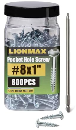 LIONMAX Tornillos de bolsillo #8 x 1 pulgada, tornillos de madera de rosca gruesa, 600 unidades, tornillos cuadrados de cabeza de arandela para agujero de bolsillo, autorroscantes, chapados en zinc,