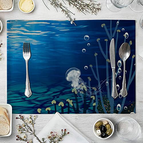 Gualiy Tovaglietta Sottopiatto Quadrata Set da 4, Tovagliette Antiscivolo Cucina 42x32cm Mondo Sott'Acqua Medusa e Pesci Modello Tovagliette per la Colazione