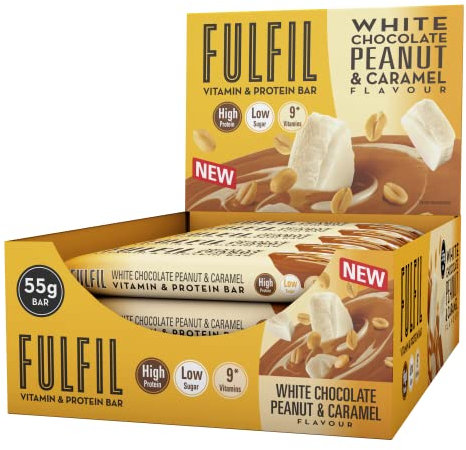 FULFIL Vitamin and Protein Bars (15 x 55 g Bars) — White Chocolate Peanut and Caramel Flavour — 20 g High Protein, 9 Vitamins, Low Sugar