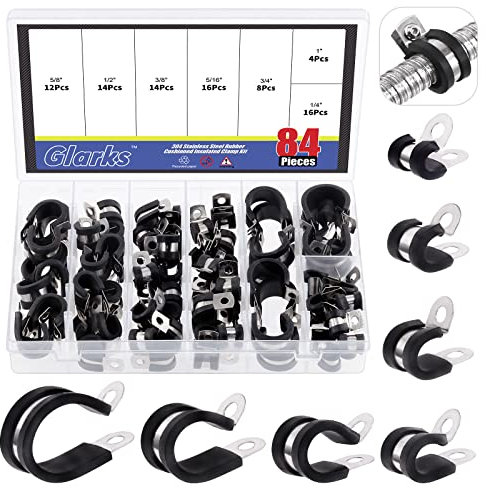 GLARKS 84Pcs 7 Sizes 304 Stainless Steel & Rubber Cushioned Insulated Pipe Clamps Set, Black