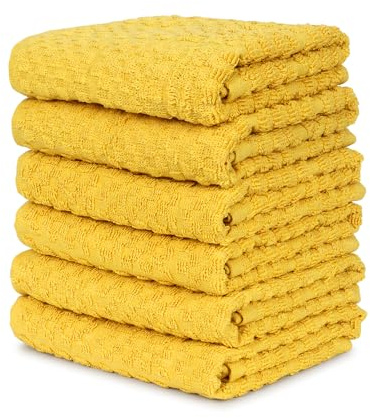 RIANGI 100% Cotton Kitchen Hand Towels Set of 6, 16x26 Cotton Soft Quick Drying Terry Cloth - Absorbent Kitchen Towel White for Bathroom, Spa, Hotel Or Farmhouse Decor - Yellow Kitchen Towels