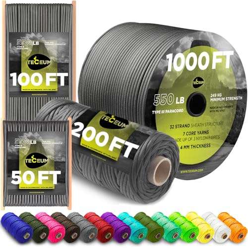 TECEUM Paracord Type III 550 Dark Grey – 15 m – 4mm – Tactical Rope MIL-SPEC – Outdoor Para Cord – Camping Hiking Fishing Gear and Equipment – Parachute Cord – Strong Survival Rope (50ft) 030