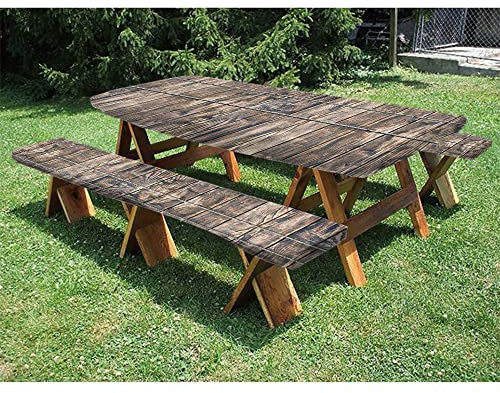 Mantel rústico de poliéster de 72 pulgadas para mesa de picnic y banco, imagen de tablones de madera con tornillos y clavos, impresión de cabaña de troncos temática de granja, para fiestas de picnic
