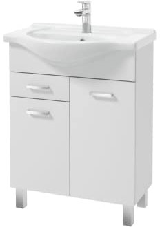 VBChome Badmöbel Set 65 cm Weiß Hochglanz – Waschtisch mit Keramik Waschbecken & Unterschrank – Badschrank mit 2 Türen & 1 Schublade – Chromgriffe – Badezimmermöbel stehend