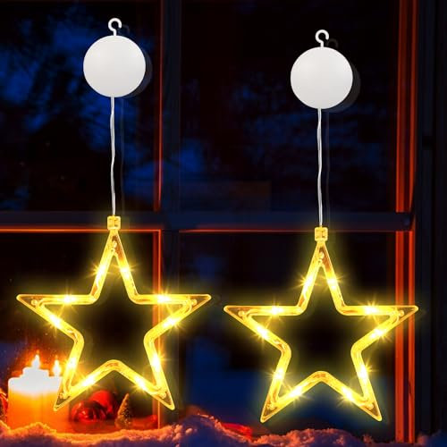 BrizLabs Weihnachtsdeko Fenster Lichter, 2 Stück 10 LED Sterne Weihnachtsbeleuchtung Batterie Innen Weihnachtsstern Lichterkette mit Timer Saugnäpfe für Garten Balkon Tür Party Hochzeit Deko, Warmweiß