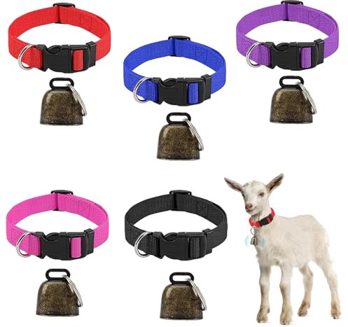Lot de 5 colliers de chèvre avec clochettes, colliers de moutons en nylon réglables colliers de avec cloche,Collier Anti Perte pour petite ferme, animaux, chèvre, mouton, vache