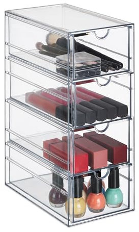 Relaxdays Schubladenbox, 4 Fächer, Organizer für Make Up, Büro, Bastelsachen, Kunststoff, Schubladenturm, transparent