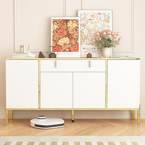 Buffet de Salon Vintage avec 4 Portes et 1 Tiroir Commode à étagères réglables Buffet de Cuisine Meubles de Salle à Manger avec Pieds Métalliques pour Etrée Cuisine Salle à Manger Blanc 160x40x80cm