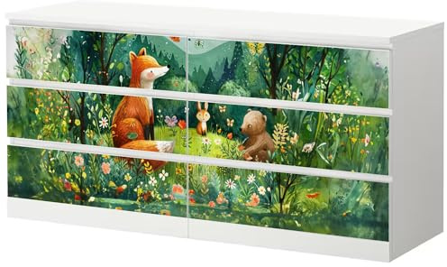 Möbelfolie Waldtiere See passend für Ikea Malm Kommode XL 6 Schubladen | Selbstklebende Schrankfolie für glatte Schubladenfronten Klebefolie Kinderzimmer Schlafzimmer DIY Upcycling XL 6 Schubladen