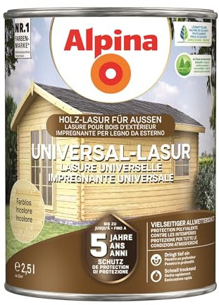 Alpina Universal-Schutz Lasur – Farblos – langanhaltender Schutz vor Witterung und Nässe – tropf- und spritzgehemmt – 2,5 Liter