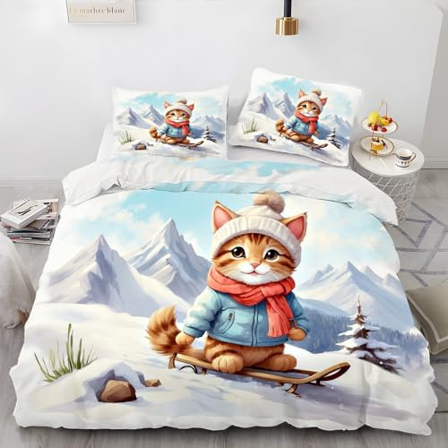 BettwäSche 220x240 Schlitten Bettbezug mit 2 Kissenbezug 80x80 cm Weiche und Angenehme 120g Mikrofaser Bettwaren Orangene Katze Bettwäsche-Sets 3-Teilig mit Reißverschluss für EinzelbettDoppelbett