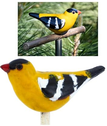 Midene Gartenstecker Keramik Handgefertigt - Gartendeko für Draußen Wetterfest - Garten Deko Keramik - Vogel Gartenfiguren & Gartenstatuen - Goldzeisig / 'Wilder Kanarienvogel’