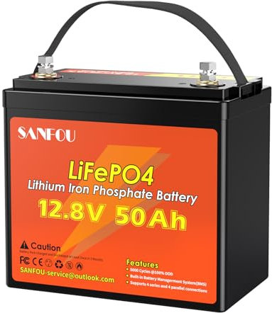 SANFOU Batería LiFePO4 12,8V 50Ah, Batería de Litio 640Wh con BMS 50A, Baterías de Ciclo Profundo, 5 000 a 15 000 veces, Soporte 4S4P, Perfecta como fuente de energía para campistas.