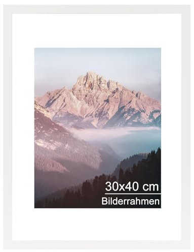 OMISHE Massivholz Bilderrahmen 30x40, Rahmen 30x40, Weißer Bilderrahmen 30x40 cm mit 21,5x28 cm Passepartout und Plastikhülle, Holzbilderrahmen 30 x 40cm zum Aufhängen, Weiß, 1 Pack