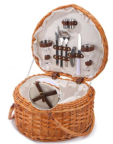 HAVVMK Picknickkorb in Herzform, Picknickkorb-Set für 2 Personen, mit abwaschbarem Futter, Geschirr mit doppelten Schwinggriffen für Camping, Outdoor, Valentinstag, Weihnachten, Erntedank