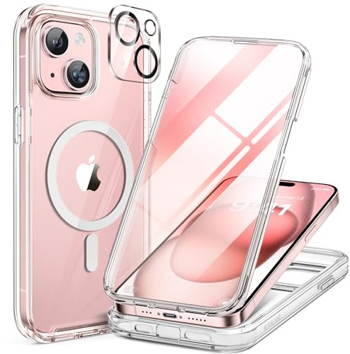 miracase Vollschutzhülle für iPhone 15, Magsafe, Klar | Eingebaute 9H Panzerglas Schutzfolie | Komplettschutz | Stoßfest | Kameraschutz | Geeignet für Outdoor | 6,1 Zoll