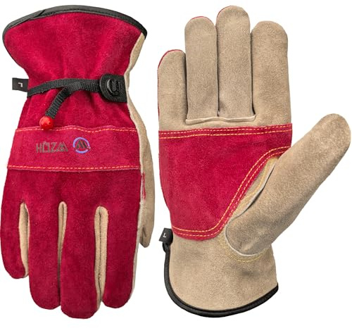 WZQH Guantes de Trabajo de Cuero Para Hombres y Mujeres. Para Jardinería, Soldadura, Construcción, Motosierras, Granjas, Pastos, etc. Piel de Vaca, Forro suave. Rojo rosa - Gris L