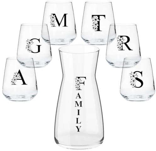 Family Set Caraffa e 6 Bicchieri Personalizzati con Iniziali Nomi Adatti ad Acqua Vino Birra Tutte le Bevande Idea Regalo Casa Cena Pranzo Feste Famiglia Natale Compleanno Decorazioni
