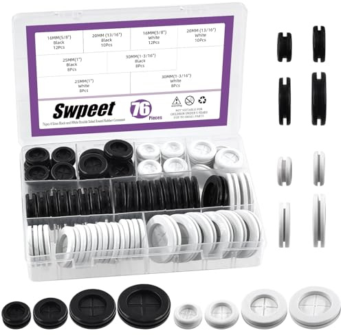 Sweet 76 piezas: 5/8'', 13/16'', 1'', 1-3/16'' ojales de goma, kit de ojales de doble cara negro/blanco, ojales redondos de goma para cortafuegos, junta de goma