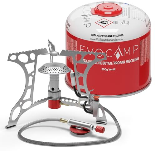 EVOCAMP kompakter Campingkocher 3.2 kW mit Piezo-Zünder, Camping Stove, Mini-Gaskocher - ideal für Camping, Angeln und Outdoor (+1 Kartusche 300 g)