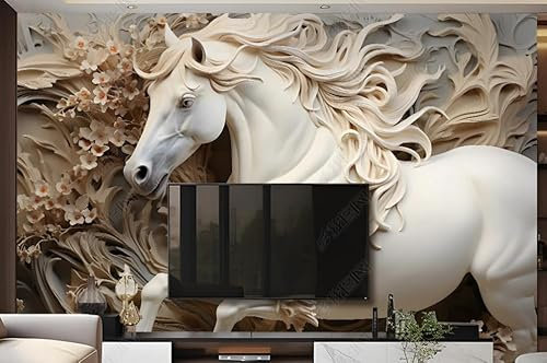 ZYHFDC Papier Peint Panoramique Relief en plâtre du cheval blanc Tableaux Muraux Tapisserie Photo Décoration Murale Salon Chambre 300CM(L)*210CM(H)