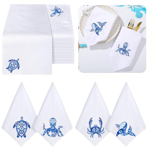 HunnmingRe Nautische Chinoiserie Stoffservietten, 43,2 x 43,2 cm, 12 Stück, Schildkröte, Krabbe, Oktopus, Wal, bestickt, Tischservietten, 100 % Baumwolle, weiche Dinner-Servietten für Abendessen,